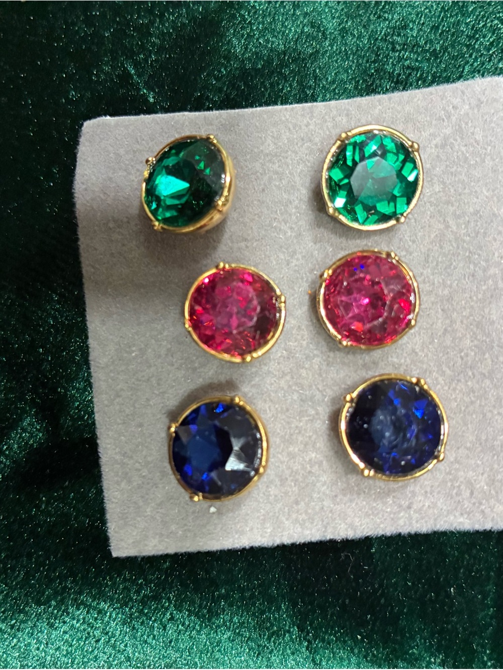 Retro Fashion Gold-Trim Round Crystal Studs in Green Pink and Blue.  Stunning!